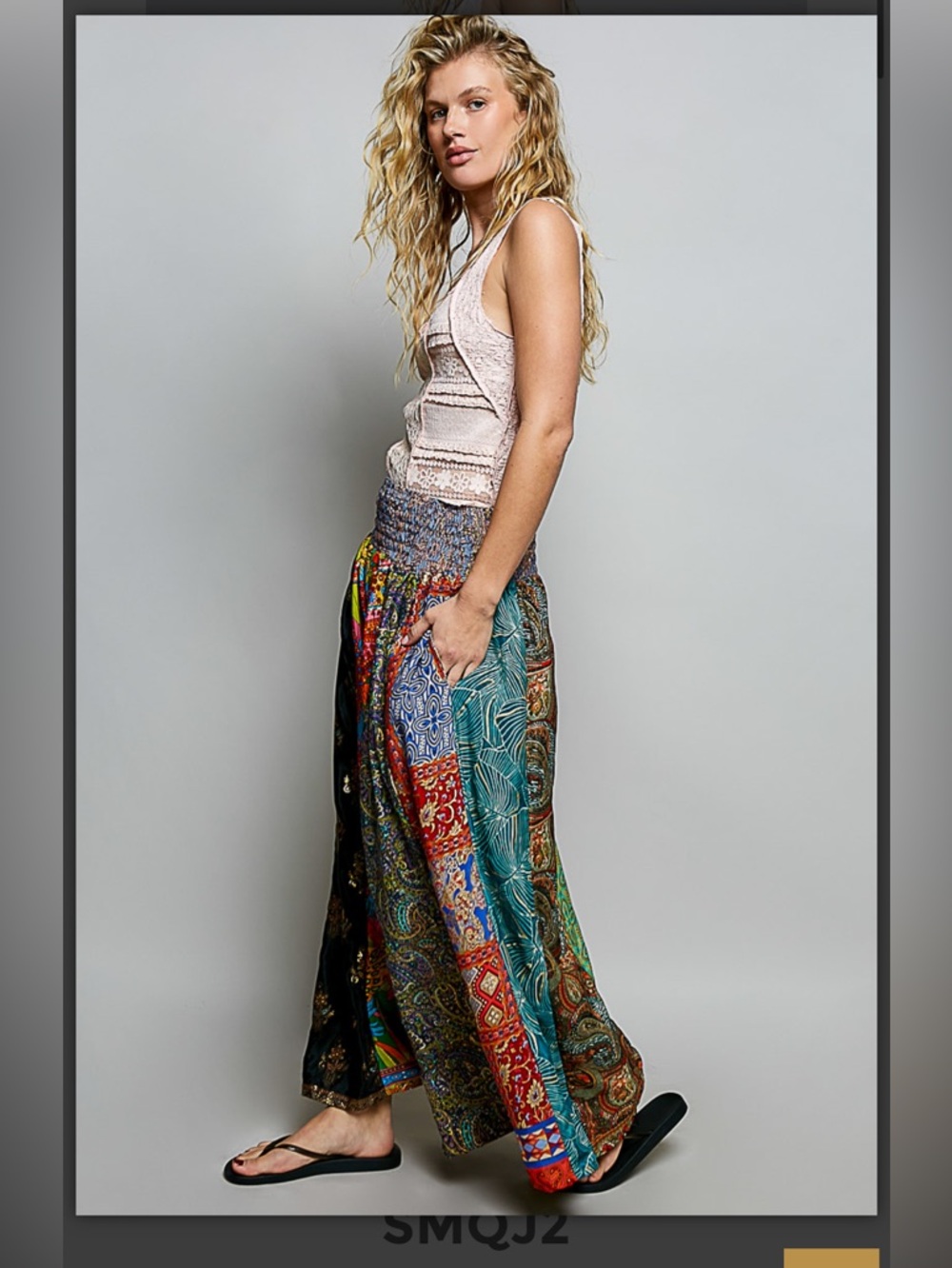627. Assorted print wide leg smocked waist boho pant - Picture 2 of 13